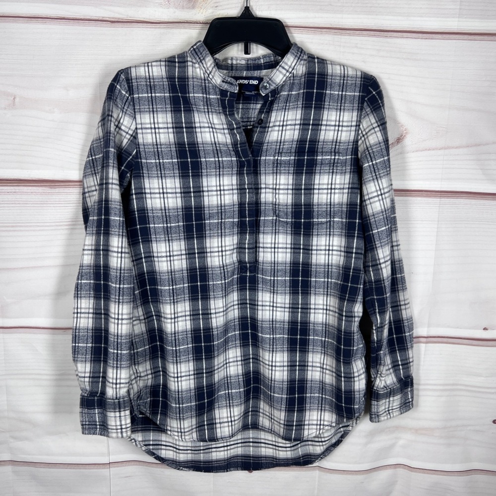 Lands End Flannel Shirt Womens XS Blue White Plaid Henley Pullover Long Sleeve